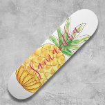 Personalised Pineapple Skateboard<br><div class="desc">This girly Skateboard is decorated with a hand drawn pineapple in shades of yellow and green with pink typography.
Easily customisable with our name.
Because we create our own artwork you won't find this exact image from other designers.
Original Watercolor © Michele Davies.</div>