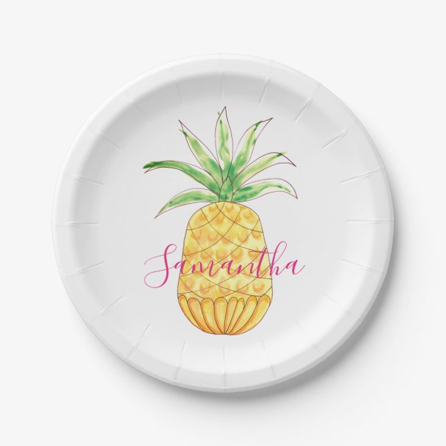 Personalised Pineapple Yellow Pink Watercolor Paper Plate (Front)
