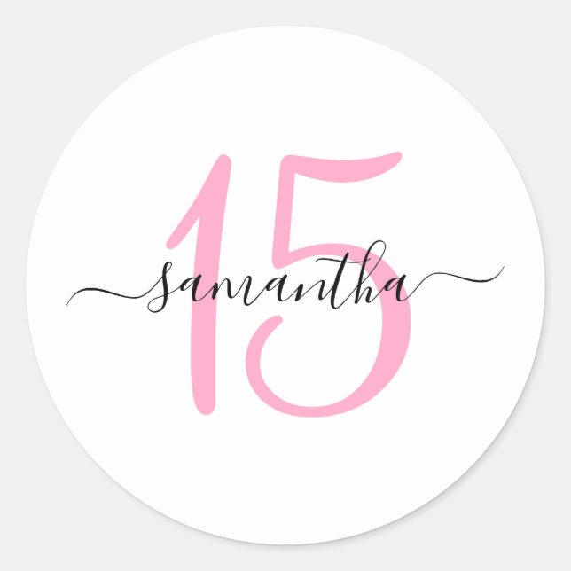 Personalised Pink 15th Birthday Classic Round Sticker (Front)