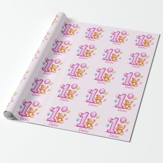 Personalised Pink 1st Birthday for Girls Wrapping Paper (Unrolled)