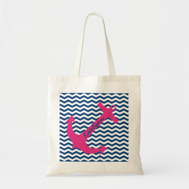 Personalised Pink Anchor & Navy Zigzag Tote Bag (Front)
