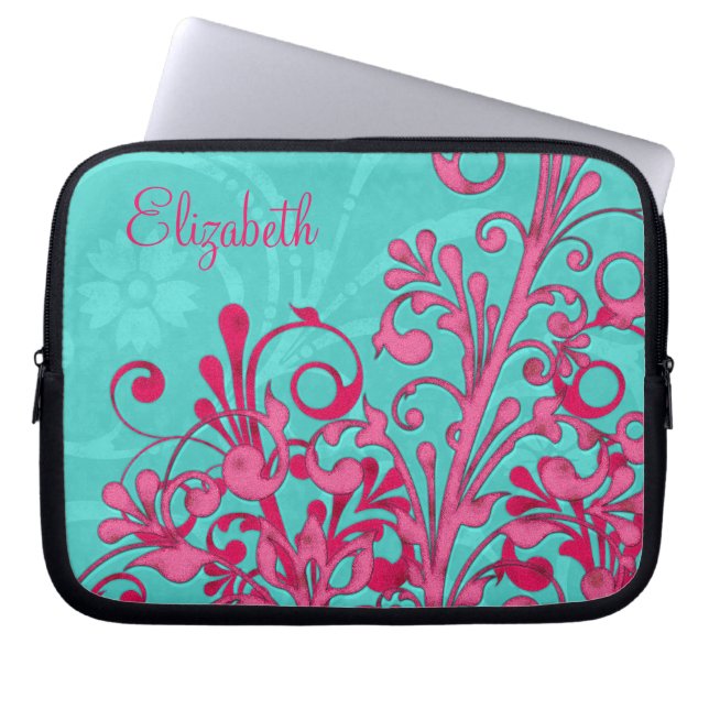 Personalised Pink and Aqua Floral Laptop Sleeve (Front)