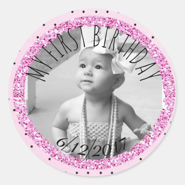 Personalised Pink and Black Birthday Photo Sticker (Front)