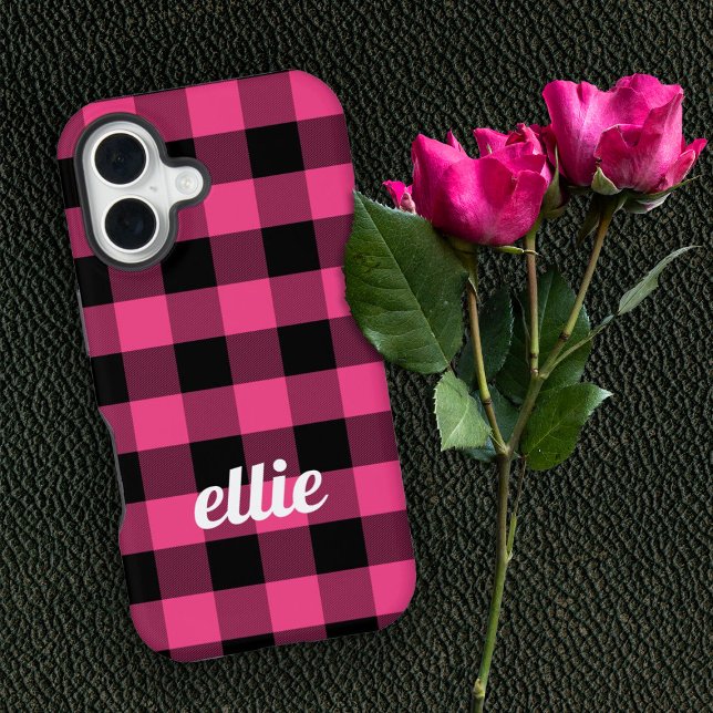 Personalised Pink and Black Buffalo Plaid iPhone 16 Case (Creator Uploaded)