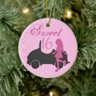 Personalised Pink and Black Car Sweet 16 Sixteen Ceramic Tree Decoration