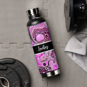 Personalised Pink and Black Fluid Art   Water Bottle