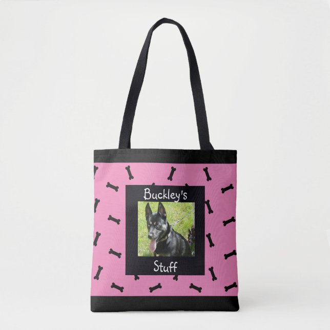 Personalised Pink and Black Pet Photo Dog Bone Tote Bag (Front)