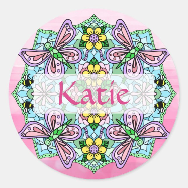 Personalised Pink and Blue Butterfly Mandala Classic Round Sticker (Front)