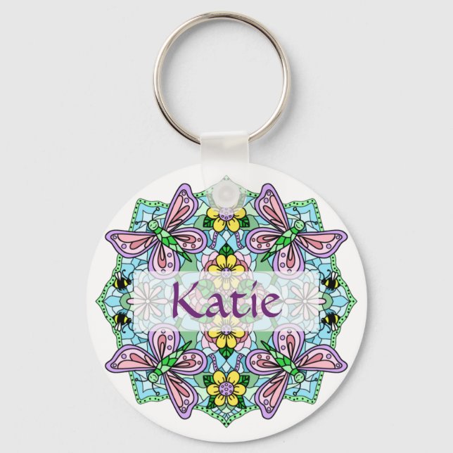 Personalised Pink and Blue Butterfly Mandala Key Ring (Front)