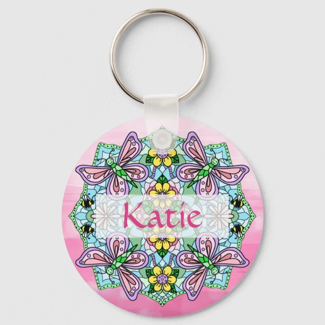 Personalised Pink and Blue Butterfly Mandala  Key Ring (Front)