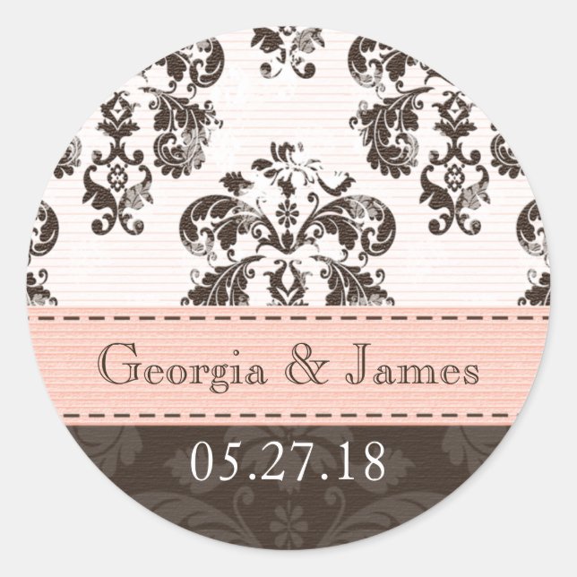Personalised Pink and Brown Damask Wedding Seals (Front)