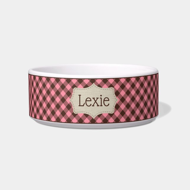 Personalised Pink and Brown Plaid Pet Bowl (Front)