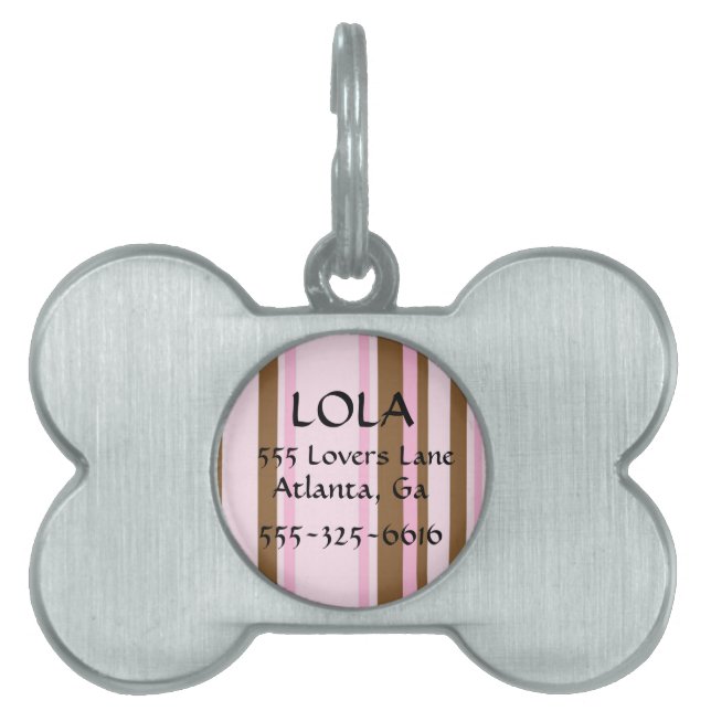 Personalised Pink and Brown Striped Bone Dog Tag (Front)