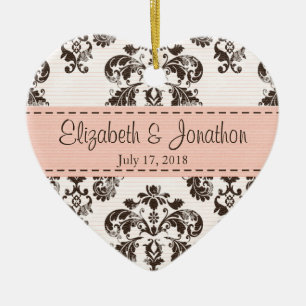 Personalised Pink and Brown Vintage Damask Wedding Ceramic Tree Decoration