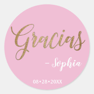 Personalised Pink and Gold Gracias Script Classic Round Sticker