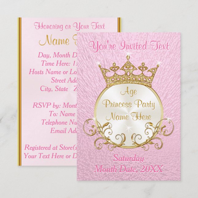 Personalised Pink and Gold Princess Invitations (Front/Back)