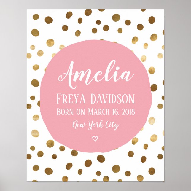 Personalised Pink and gold spot birth poster print (Front)