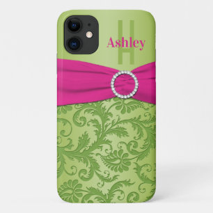 Personalised Pink and Green Damask iPhone 11 Case