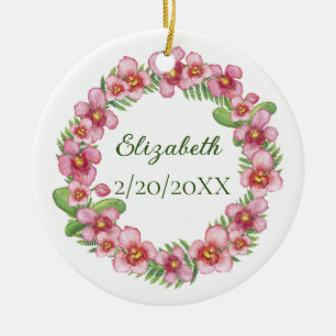 Personalised Pink and Green Floral Christmas Ceramic Tree Decoration