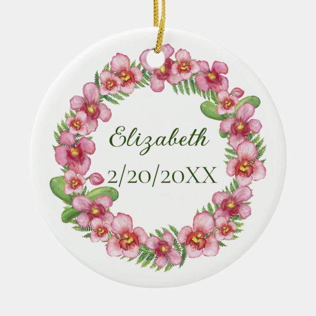 Personalised Pink and Green Floral Christmas Ceramic Tree Decoration (Front)