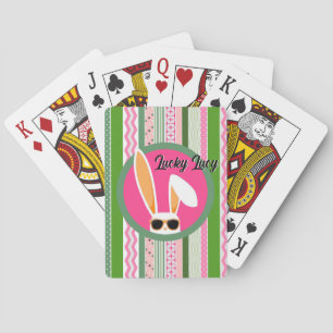 Personalised Pink and Green Lucky White Rabbit Playing Cards