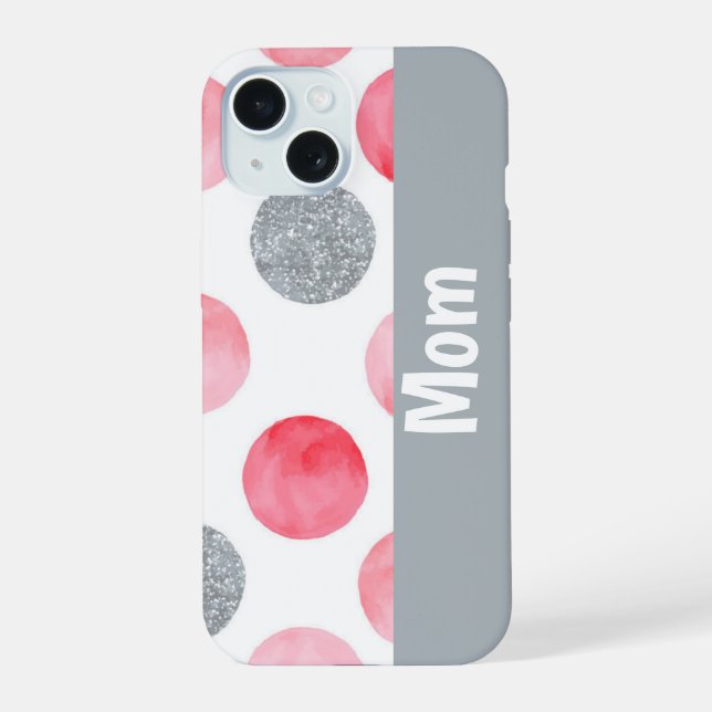 Personalised Pink and Grey Dot iPhone 15 Case (Back)