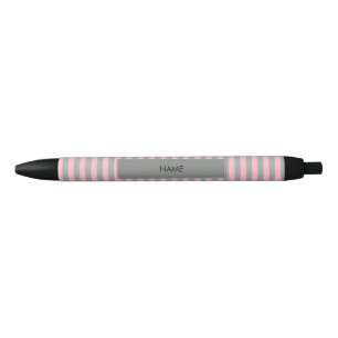 Personalised Pink and Grey Stripes Pattern Black Ink Pen