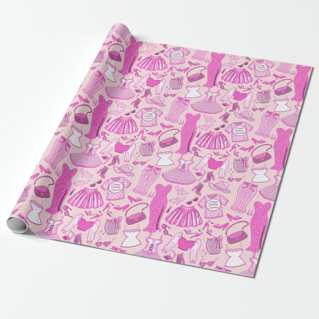 Personalised Pink and Hot Pink Fashion Wrapping Paper (Unrolled)