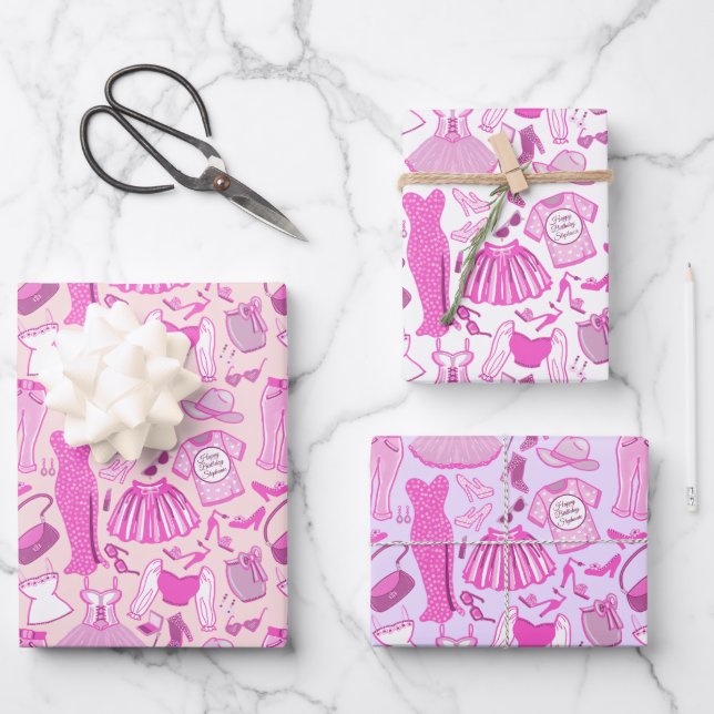 Personalised Pink and Hot Pink Fashion Wrapping Paper Sheet (Front)