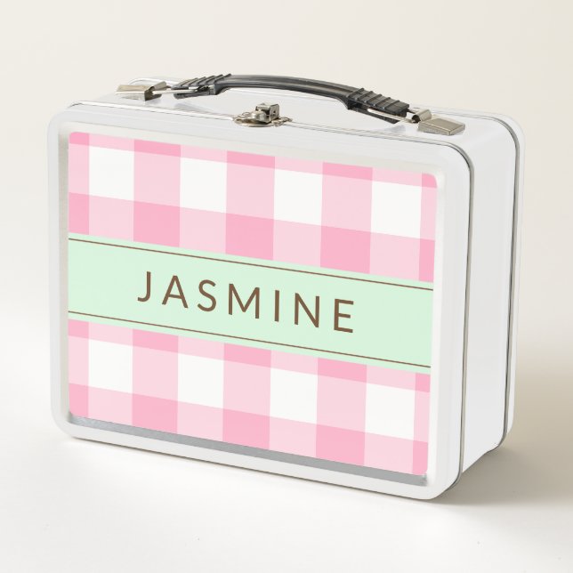 Personalised Pink and Mint Gingham Metal Lunchbox (Front)