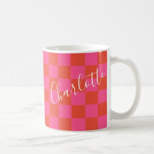 Personalised Pink and Orange Chequerboard Pattern  Coffee Mug (Right)