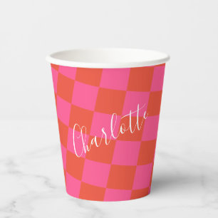 Personalised Pink and Orange Chequerboard Pattern  Paper Cups