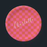 Personalised Pink and Orange Chequerboard Pattern Paper Plate<br><div class="desc">Personalised Pink and Orange Chequerboard Pattern Paper Plate</div>