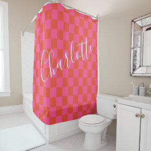Personalised Pink and Orange Chequerboard Pattern Shower Curtain