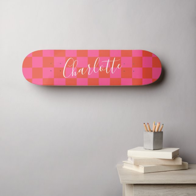 Personalised Pink and Orange Chequerboard Pattern  Skateboard (Wall Art (Horz))
