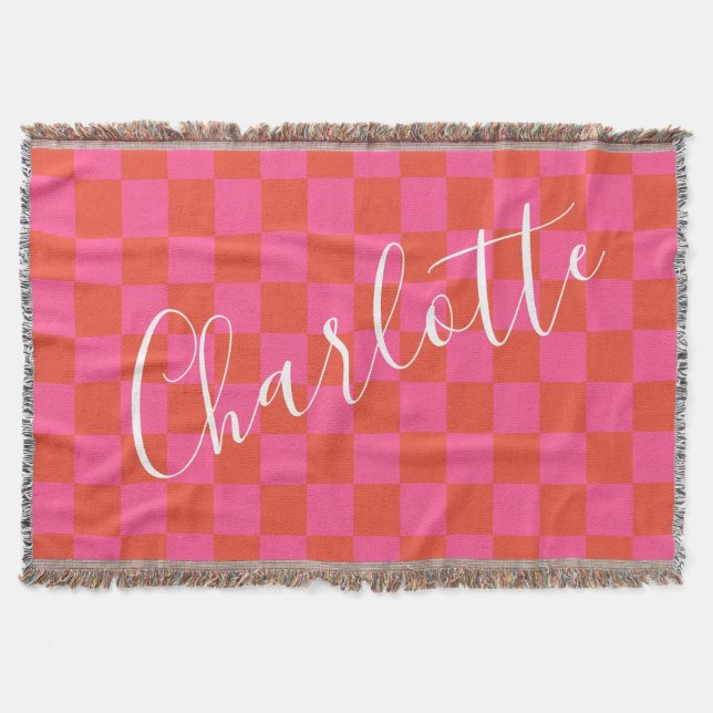 Personalised Pink and Orange Chequerboard Pattern  Throw Blanket (Front)