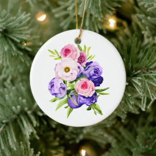 Personalised Pink and Purple Flowers Christmas Ceramic Tree Decoration