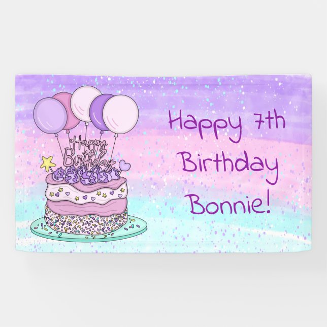 Personalised Pink and Purple Girl's Birthday Party Banner (Horizontal)