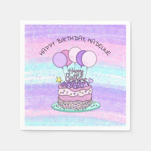 Personalised Pink and Purple Happy Birthday   Napkin (Front)
