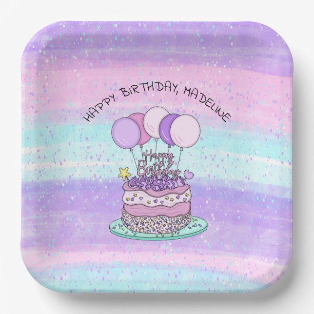 Personalised Pink and Purple Happy Birthday   Paper Plate (Front)