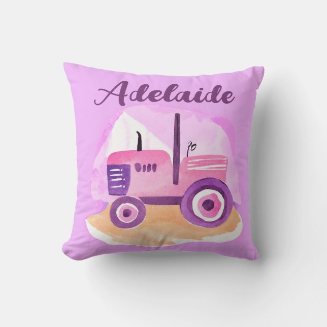Personalised Pink and Purple Tractor Pillow  (Front)
