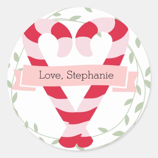 Personalised Pink and Red Candy Cane Classic Round Sticker (Front)