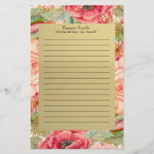 Personalised Pink and Red Floral and Gold Stationery