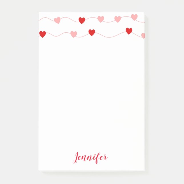 Personalised Pink And Red Hearts Valentines Post-it Notes (Front)