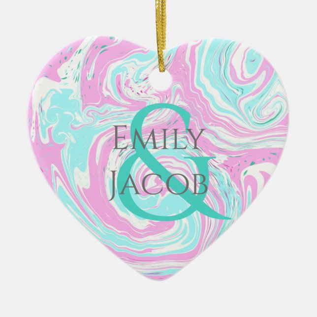 Personalised Pink and Teal Heart  Christmas Ceramic Tree Decoration (Front)