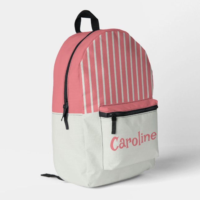 Personalised pink and vintage white striped printed backpack (Back Corner Left)