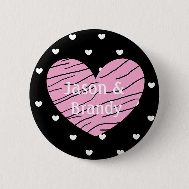 Personalised Pink and White Hearts Couple Button (Front)