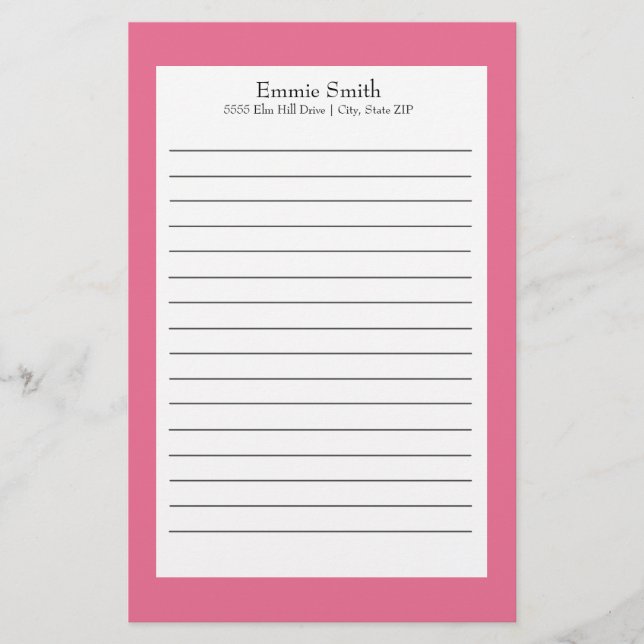 Personalised Pink and White Lined Stationery (Front)