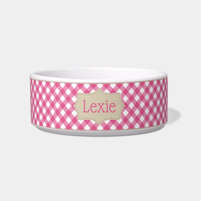 Personalised Pink and White Plaid Pet Bowl (Front)