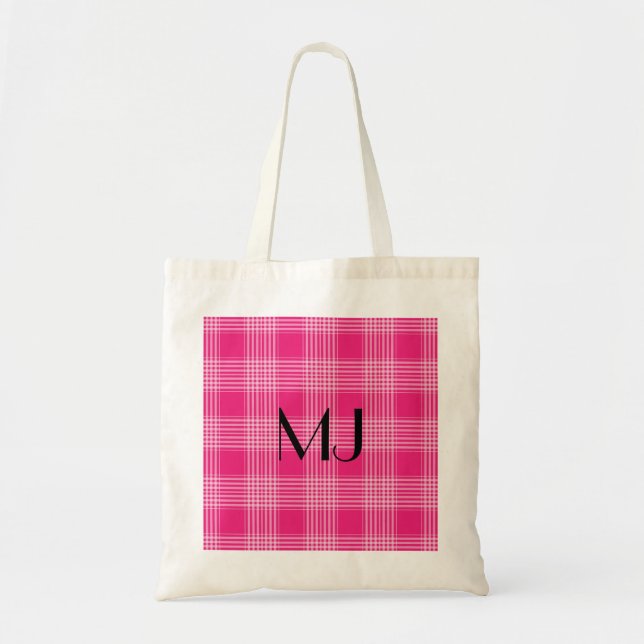 Personalised Pink and White Plaid Tartan Pattern Tote Bag (Front)